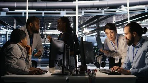 Programmers doing brainstorming in server room, reviewing AI code Stock Photos