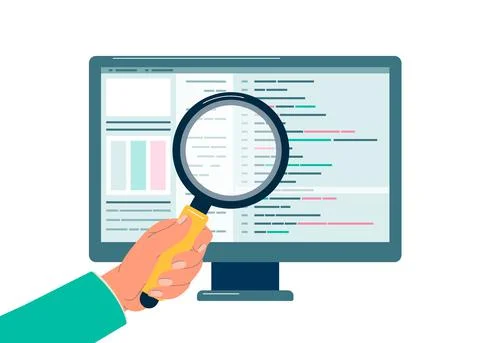 Programmers hand with magnifier checking code flat vector illustration isolated. Stock Illustration