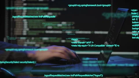 Programmer's hands and laptop keyboard close-up. The developer writes the Stock Footage 173039856