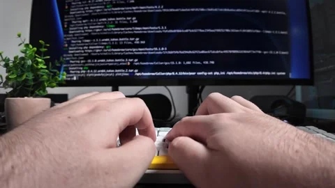 Programmer's hands typing code on a modern mechanical keyboard, with progra.. Video stock 320174383