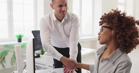Programmers handshake after successful code review in modern office workspace Stock Footage 340356984