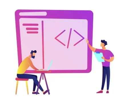 Programmers with laptop coding vector illustration. Stock-Illustration