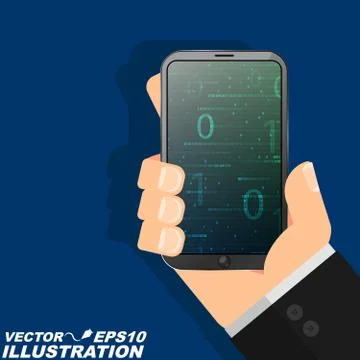 The programmer's man is holding a modern smartphone in his hand and looking.. 库存插图