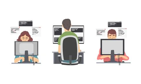 Programmers or freelancers working on computers set cartoon vector illustration Stock-Illustration