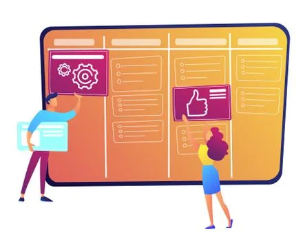 Programmers putting cards on kanban board vector illustration. Stock Illustration