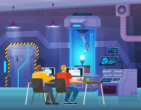 Programmers scientists in laboratory conduct experiment, develop tests in Stock Illustration