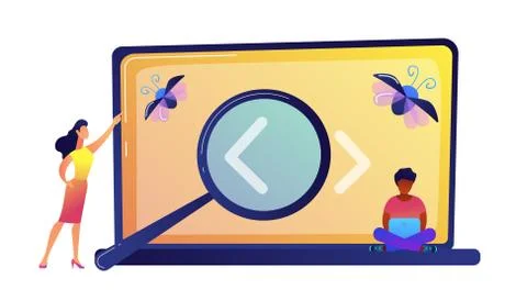 Programmers searching for a bug on laptop screen with magnifier vector Illustrazione stock