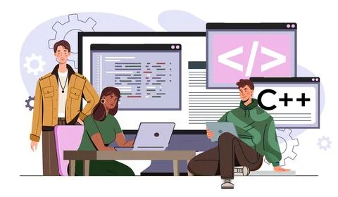 Programmers team concept. Man and woman write code for program or application Stock Illustration