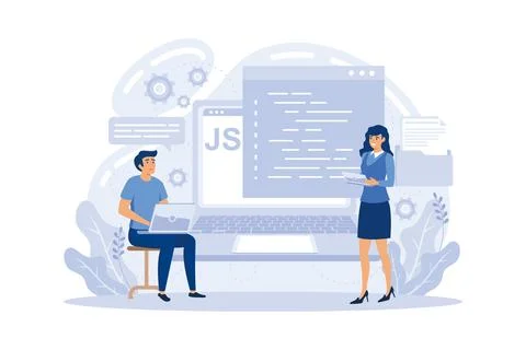 Programmers using JavaScript programming language on computer, tiny people... Stock Illustration