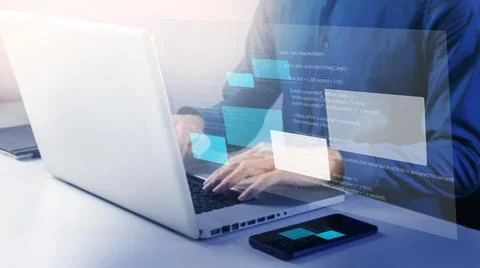 Programmers work on coding and developing software systems.,Programmer's sc.. Stock Photos