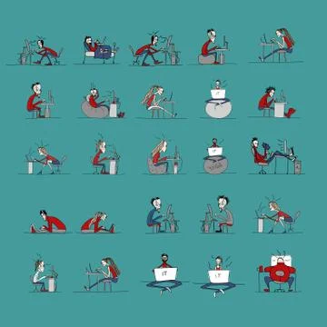 Programmers at work, office life, sketch for your design Stock-Illustration