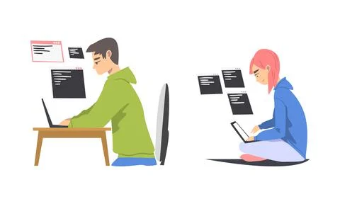 Programmers working on computers set. Side view of software developers creating Stock Illustration