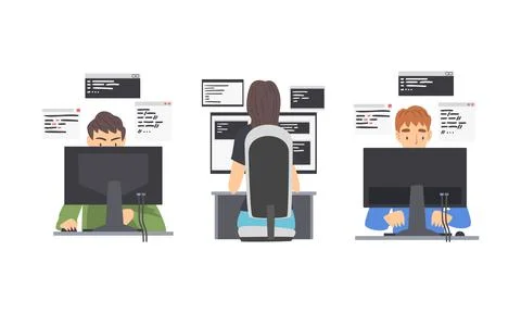 Programmers working on computers set. Software developers writing computer イラスト素材