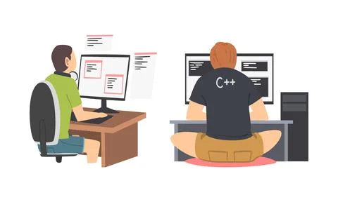 Programmers working on computers set. View from behind of men writing computer Stock-Illustration