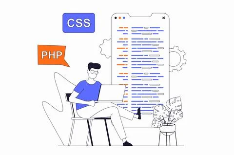 Programmers working concept with people scene in flat outline design. Man dev Illustrazione stock