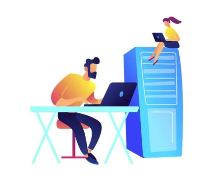 Programmers working with laptops and server rack vector illustration. Stock Illustration
