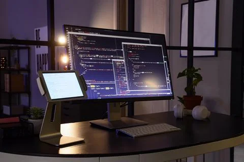 Programmers workplace with computer near folding screen in dark office Stock Photos