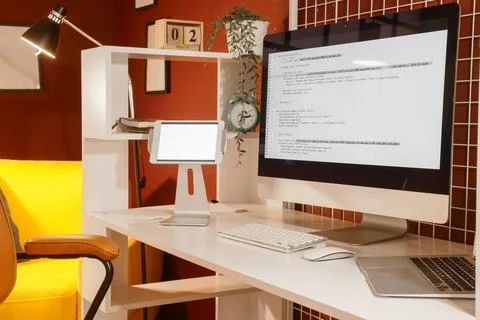 Programmer's workplace with computer in stylish office Stock Photos