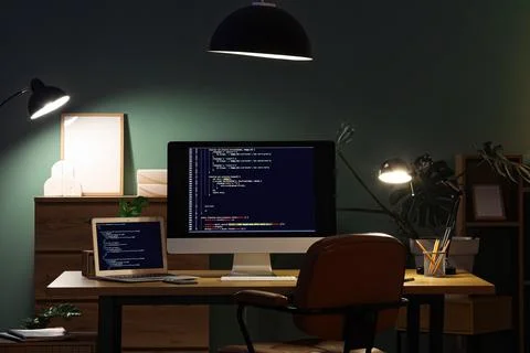 Programmer's workplace with laptop, computer and glowing lamps in dark office Stock Photos