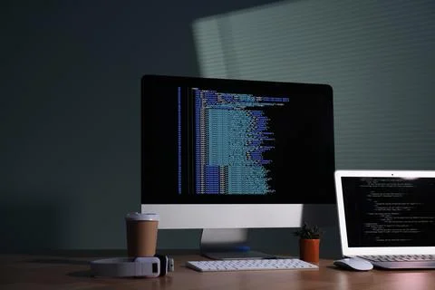 Programmer's workplace. Modern computer with unfinished code, laptop and ot.. Stock Photos