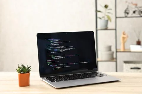 Programmer's workplace. Modern laptop with unfinished code and houseplant o.. 库存照片