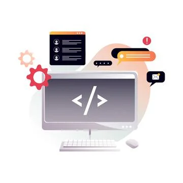 Programmer's workplace, monitor with program code. Isolated vector illustrati Stock Illustration