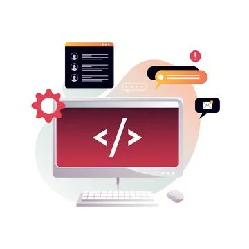 Programmer's workplace, monitor with program code. Isolated vector art. Stock Illustration