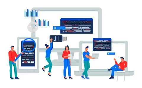 Programmersdeveloping cross platform adaptive software, flat vector isolated. Stock Illustration