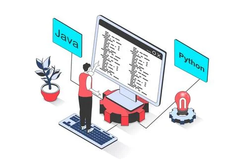 Programming 3d isometric concept with isometry people design for web. Man c.. Illustrazione stock