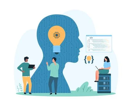 Programming with AI, tiny people and digital brain with circuit and light bulb Stock Illustration