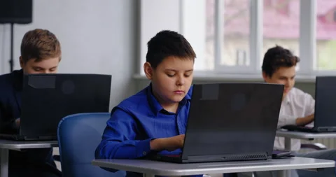 Programming And Classes For Children, Portrait Of Little Smart Boy In Computer Stock Footage 280174121