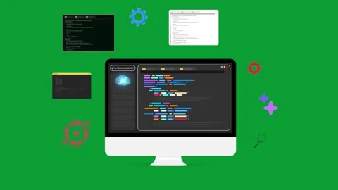 Programming and coding appearing on the computer screen with green backdrop Stock Footage 302440363
