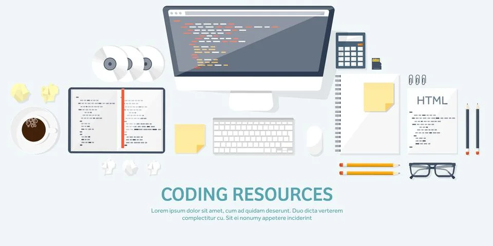 Programming and coding flat computing background. Code, hardware,software. Web Stock Illustration