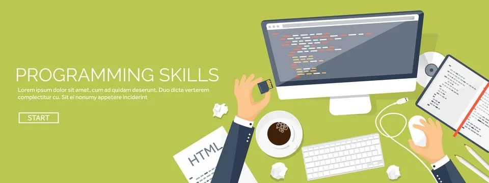 Programming and coding flat computing background. Code, hardware,software. Web Stock Illustration