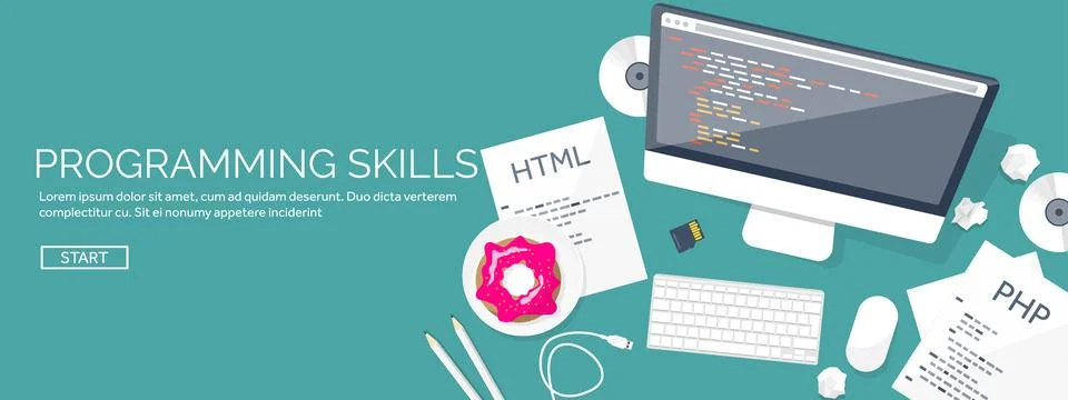 Programming and coding flat computing background. Code, hardware,software. Web Stock Illustration
