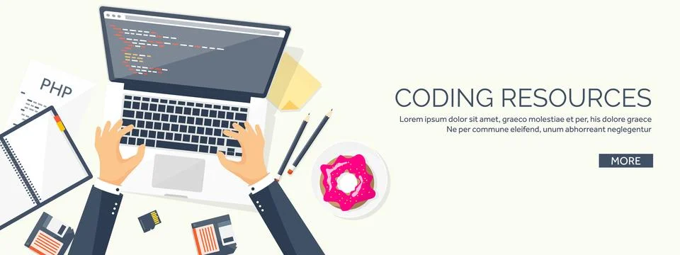 Programming and coding flat computing background. Code, hardware,software. Web Stock Illustration