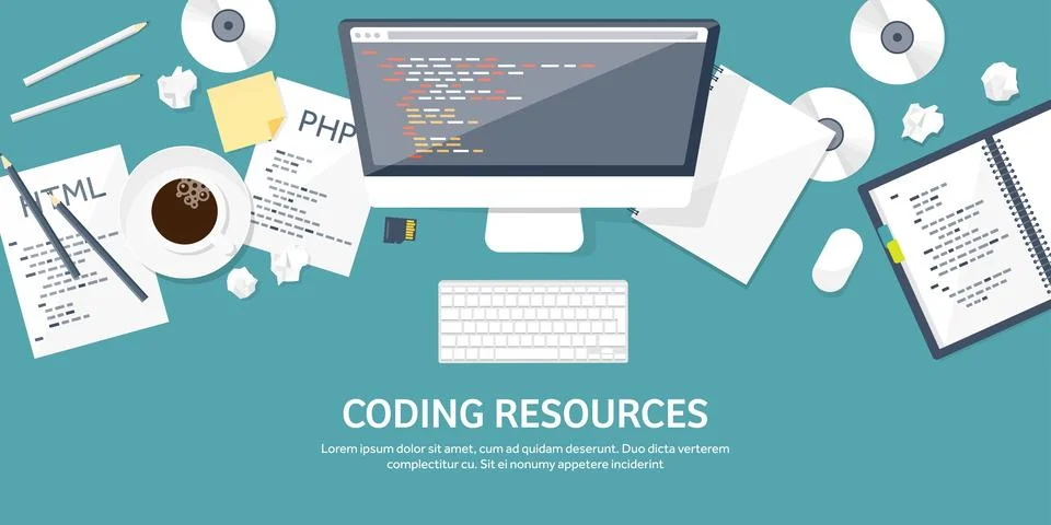 Programming and coding flat computing background. Code, hardware,software. Web Stock Illustration