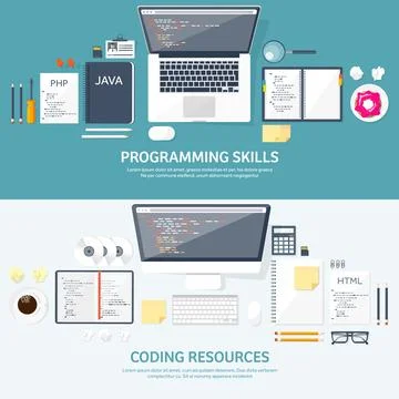Programming and coding flat computing background. Code, hardware,software. Web Stock Illustration
