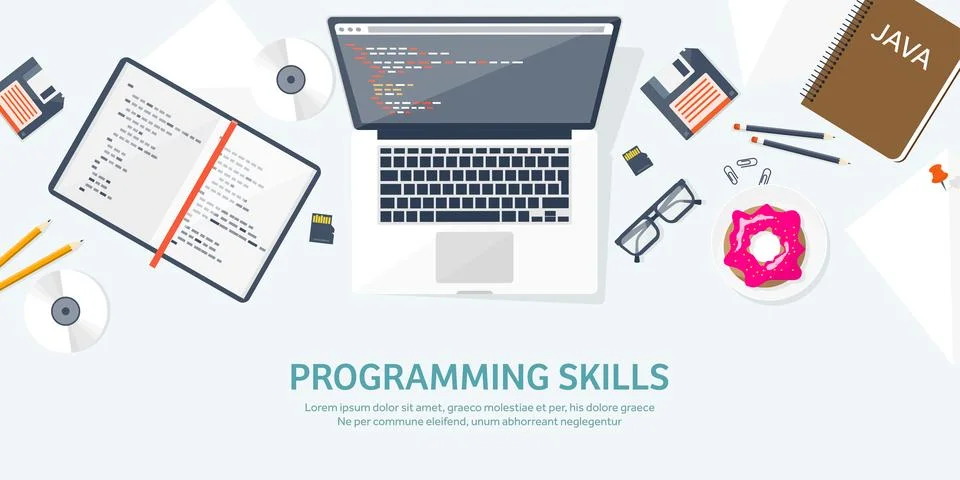 Programming and coding flat computing background. Code, hardware,software. Web Stock Illustration