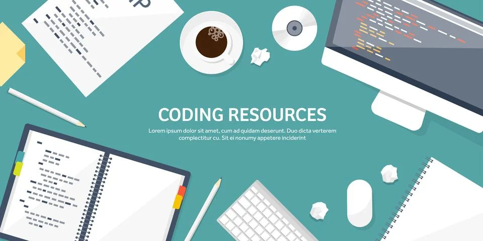 Programming and coding flat computing background. Code, hardware,software. Web Stock Illustration