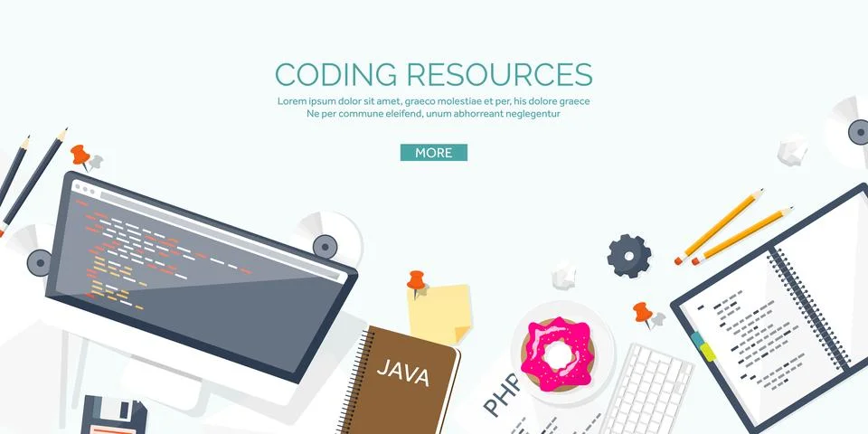 Programming and coding flat computing background. Code, hardware,software. Web Stock Illustration