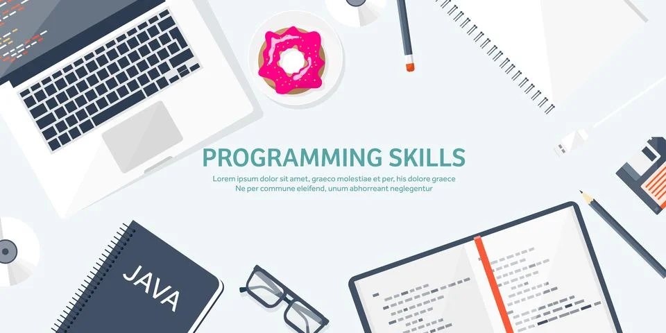Programming and coding flat computing background. Code, hardware,software. Web Stock Illustration
