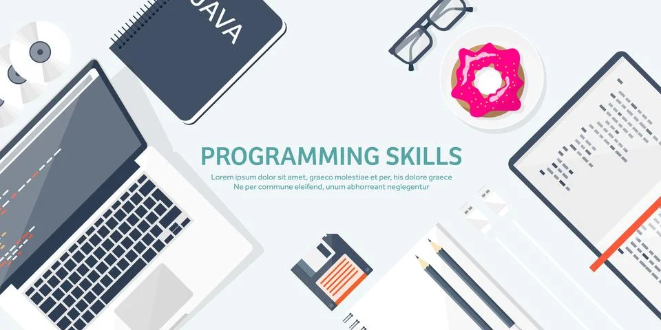 Programming and coding flat computing background. Code, hardware,software. Web Stock Illustration