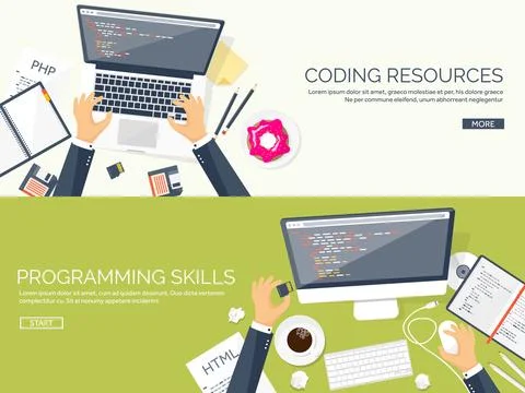 Programming and coding flat computing background. Code, hardware,software. Web Stock-Illustration