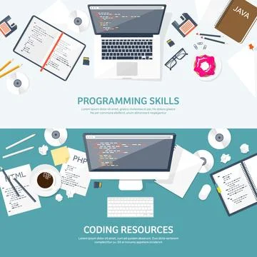 Programming and coding flat computing background. Code, hardware,software. Web Stock Illustration