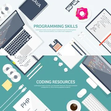 Programming and coding flat computing background. Code, hardware,software. Web Stock Illustration