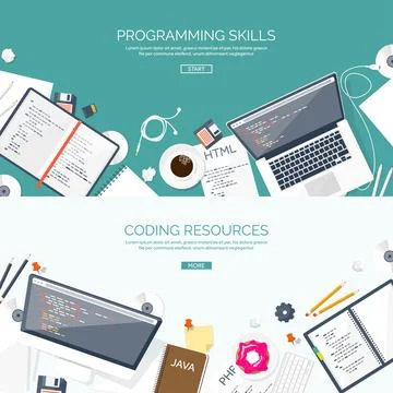 Programming and coding flat computing background. Code, hardware,software. Web Stock Illustration