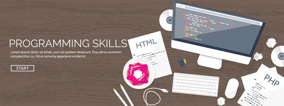 Programming and coding flat computing background. Code, hardware,software. Web Stock Illustration