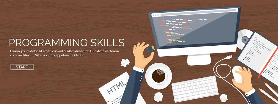 Programming and coding flat computing background. Code, hardware,software. Web Stock Illustration