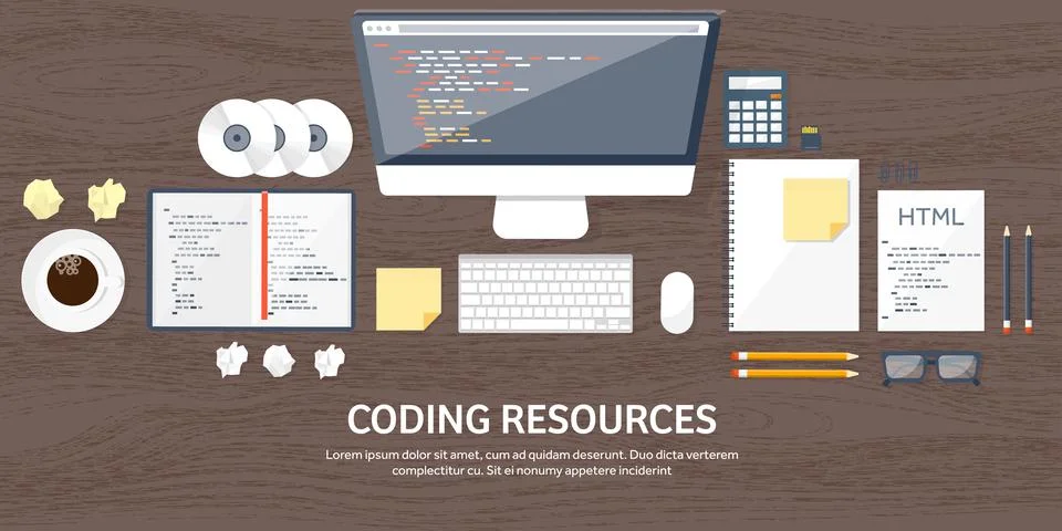 Programming and coding flat computing background. Code, hardware,software. Web Stock-Illustration